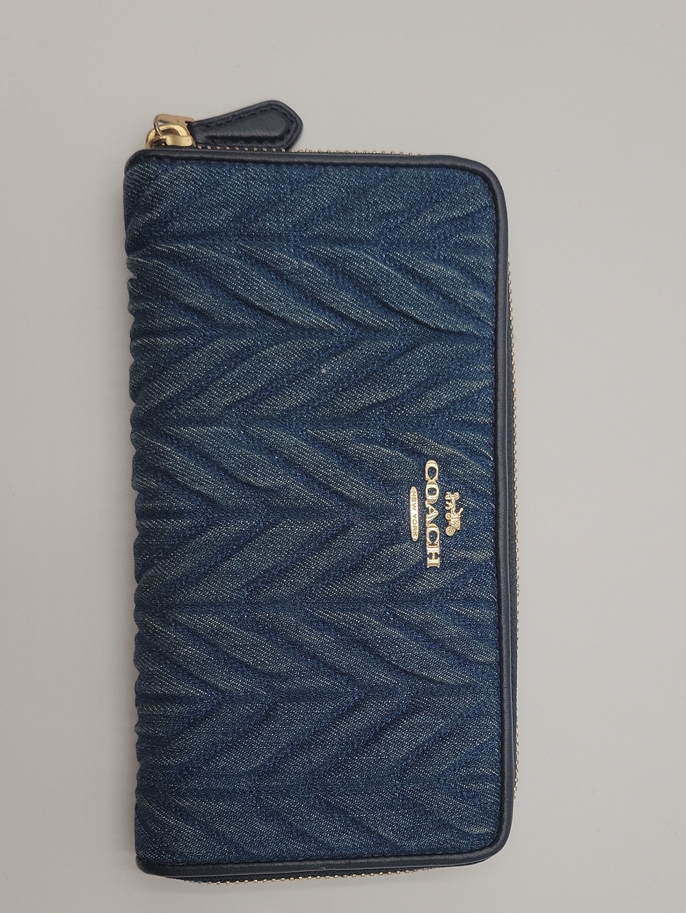 Coach Quilted Acid Wash Denim Zip Wallet in Blue with Gold Hardware